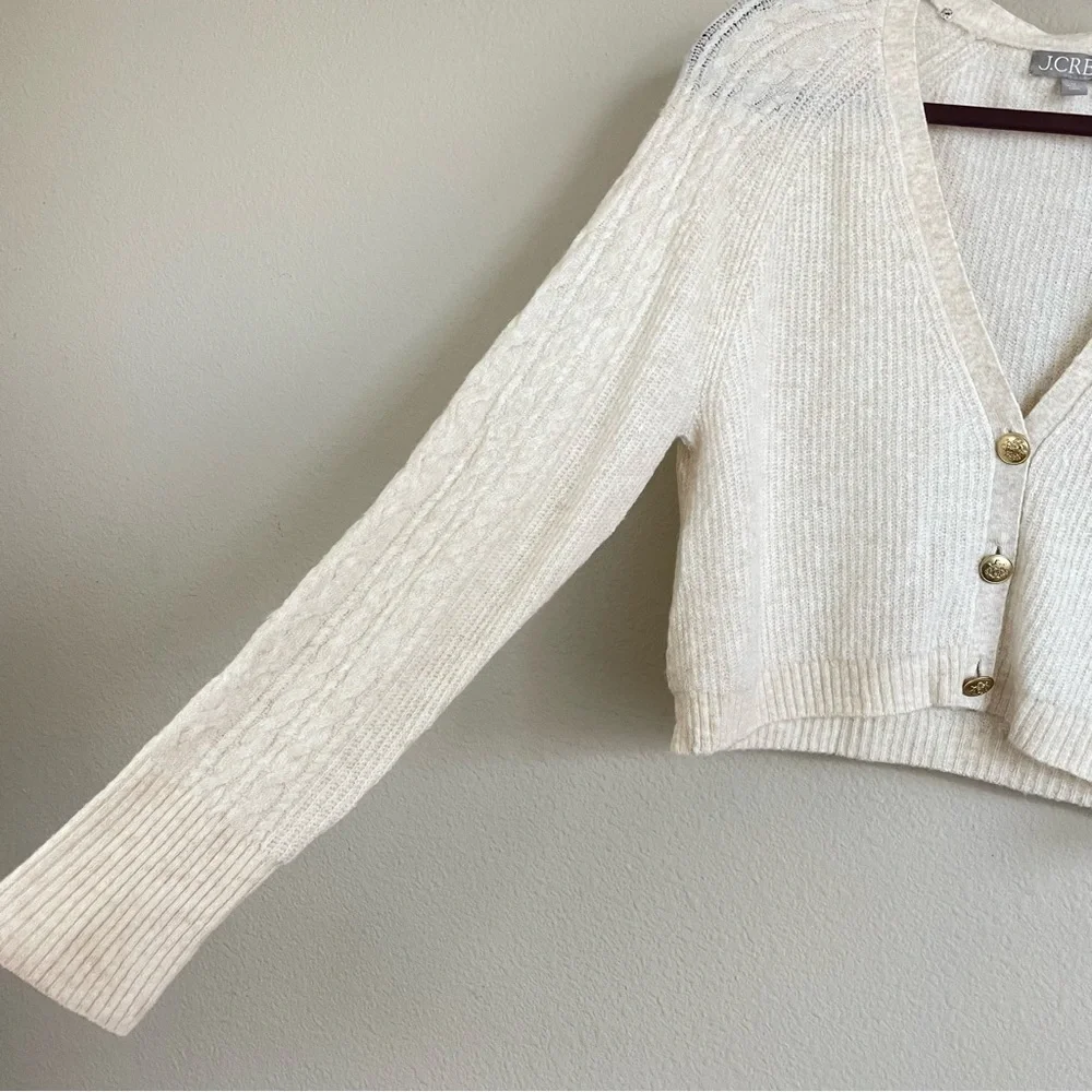 J. Crew Ivory Supersoft Cropped Cable Knit Merino Wool‎ Cardigan Size Medium